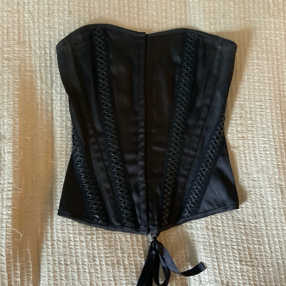 Vintage Y2K Charlotte Russe Black Silky Lace Up Corset Crop Top Size Small